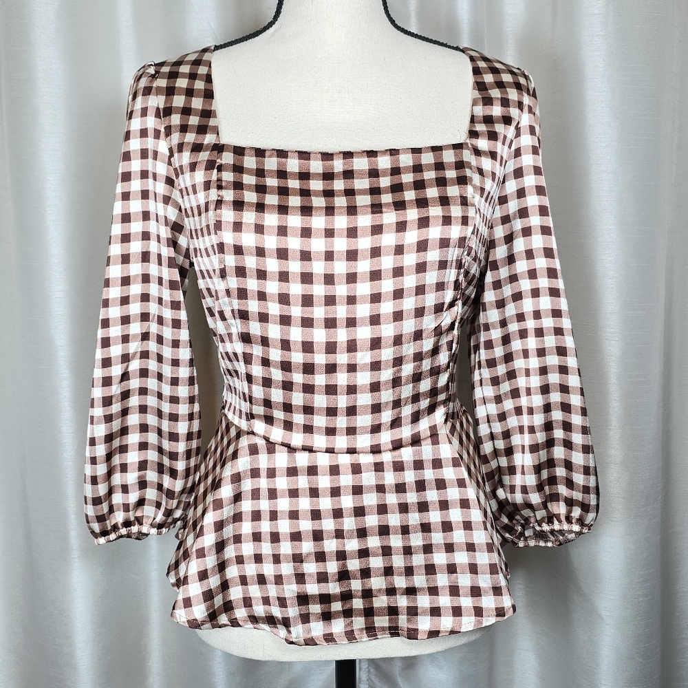 Monteau Women's Gingham Plaid Checkered Babydoll Top Coquette Cottagecore Chic